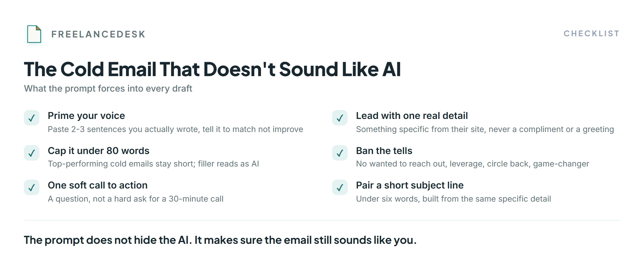 Anatomy of a ChatGPT cold email for freelancers that doesn't sound like AI: copy your voice, one real detail, under 80 words, no AI tells.