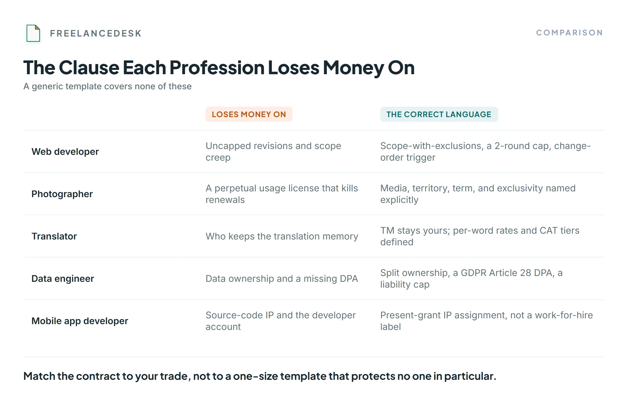 Freelance contract clauses by profession: the clause each trade loses money on and the correct language to use instead.
